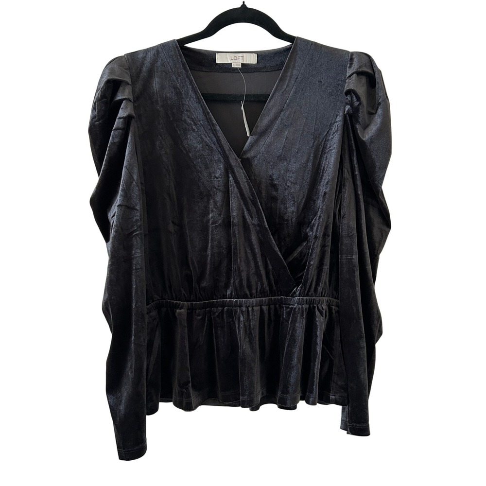 LOFT Womens Black Whimsigoth Velvet Puff Sleeve Peplum Wrap Top Size L - Picture 2 of 7
